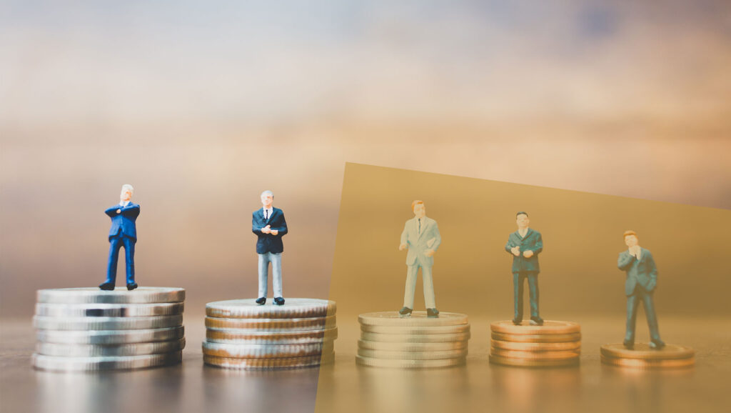 business people standing on different sized stacks of coins to represent the fee structure of HOA Management.